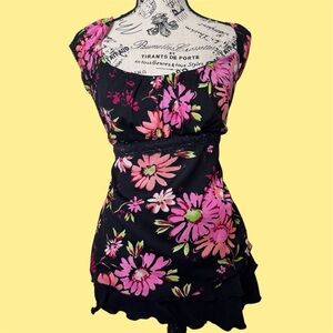 Self Esteem Black Top with Pink and Green Floral Design